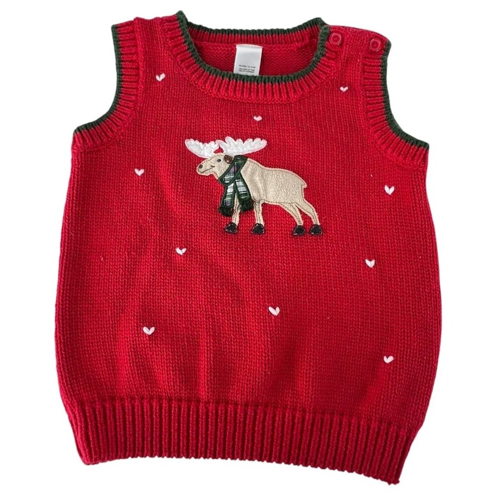Little Me Toddler Baby Red Moose Sweater Vest 18M Cotton Knit Shoulder Button